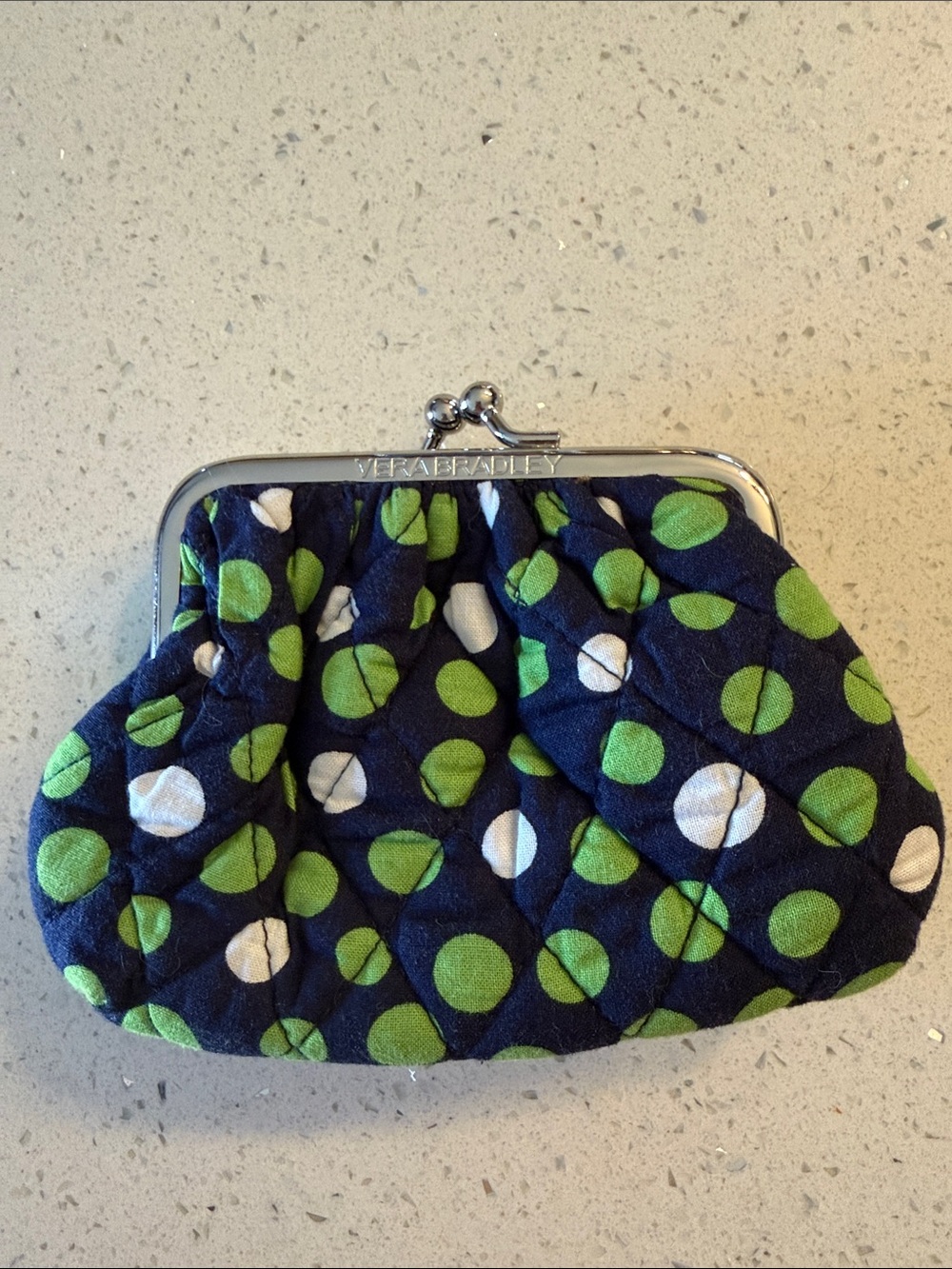 Vera Bradley Navy Quilted Coin Purse with Green & White Polka Dots